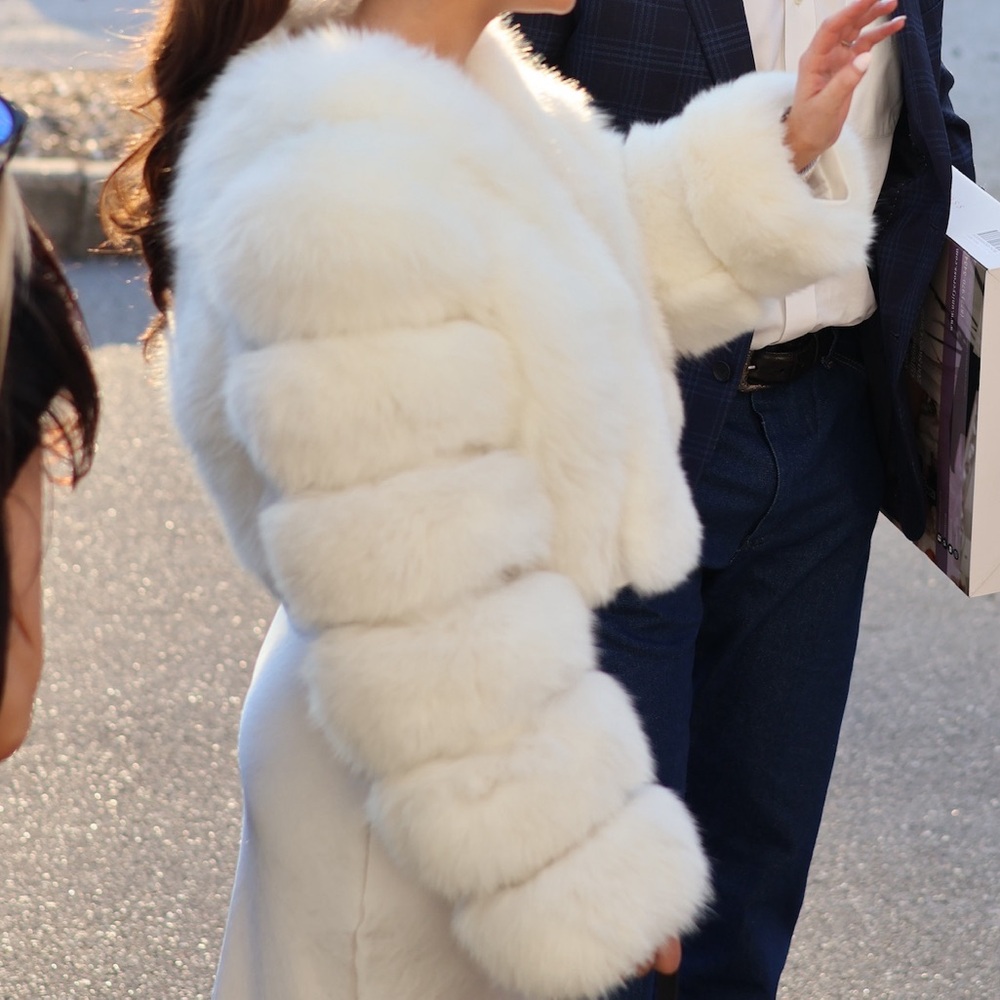 Cropped white fur coat